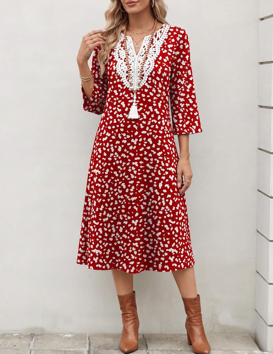 image:imageZeagoo 34 Sleeve Dress for Women Midi Dresses V Neck Lace Casual SundressRed Dot