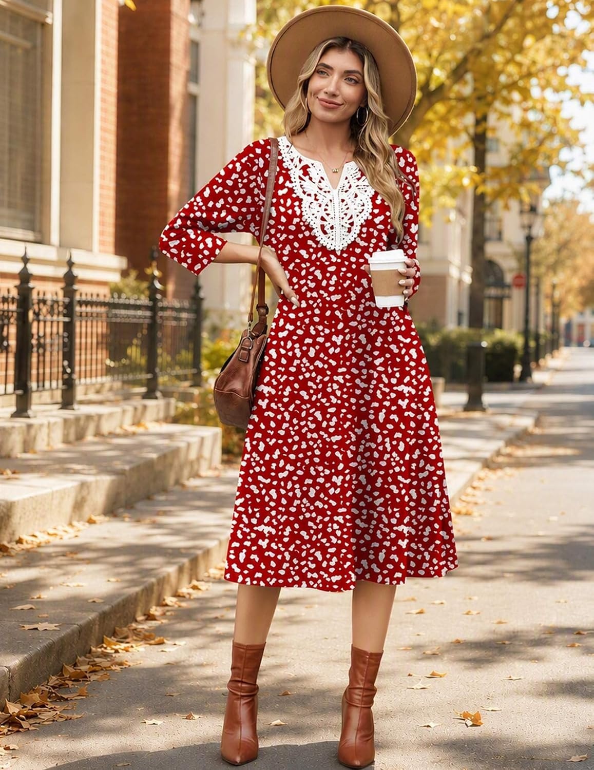 image:imageZeagoo 34 Sleeve Dress for Women Midi Dresses V Neck Lace Casual SundressRed Dot