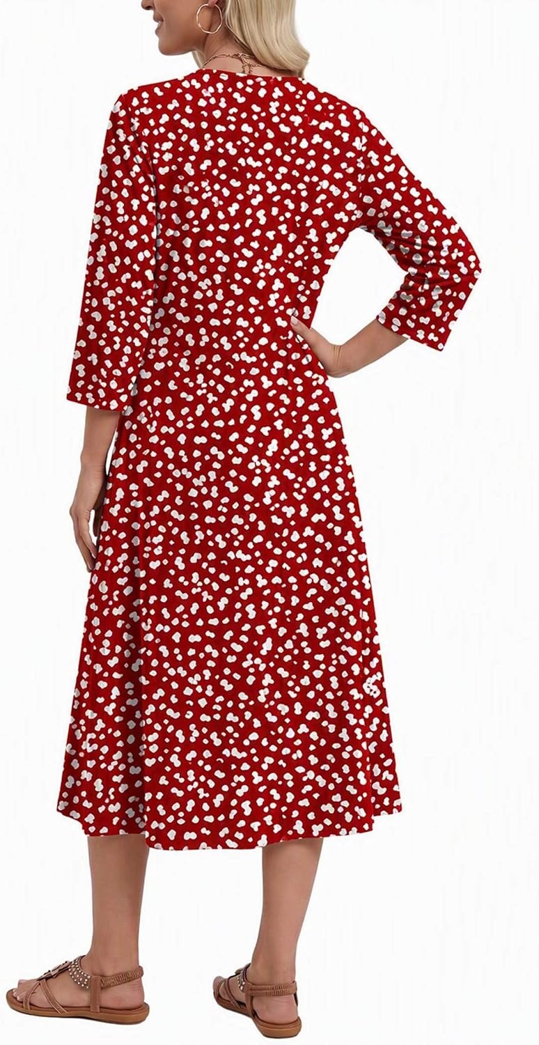 image:imageZeagoo 34 Sleeve Dress for Women Midi Dresses V Neck Lace Casual SundressRed Dot