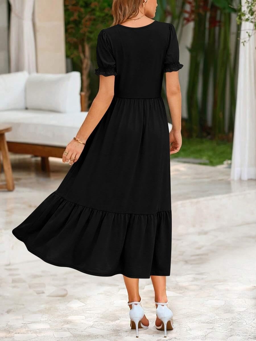 image:imageZeagoo Summer Dresses for Women Flowy Casual Midi Dress Short Sleeve Tiered Dress Beach Vacation Sundresses with PocketsBlack