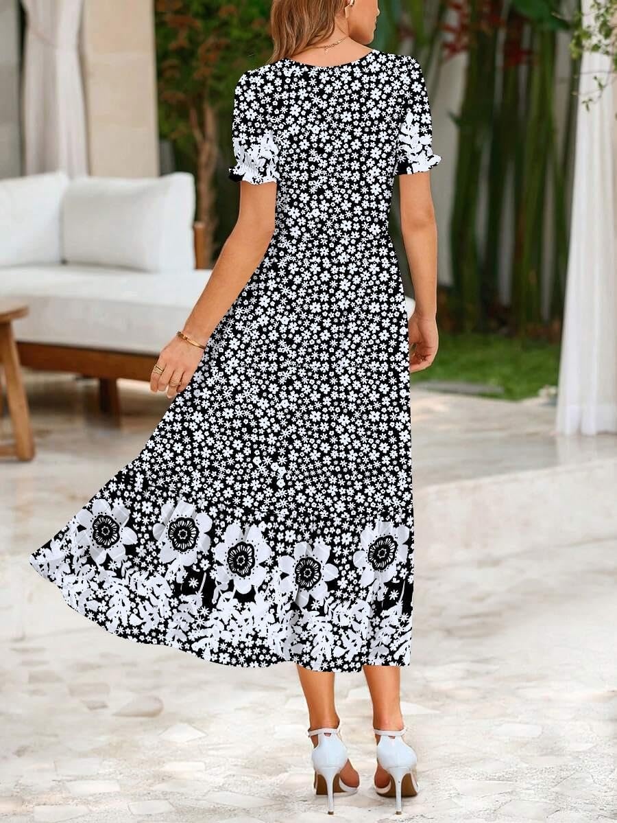 image:imageZeagoo Summer Dresses for Women Flowy Casual Midi Dress Short Sleeve Tiered Dress Beach Vacation Sundresses with PocketsBlack Floral