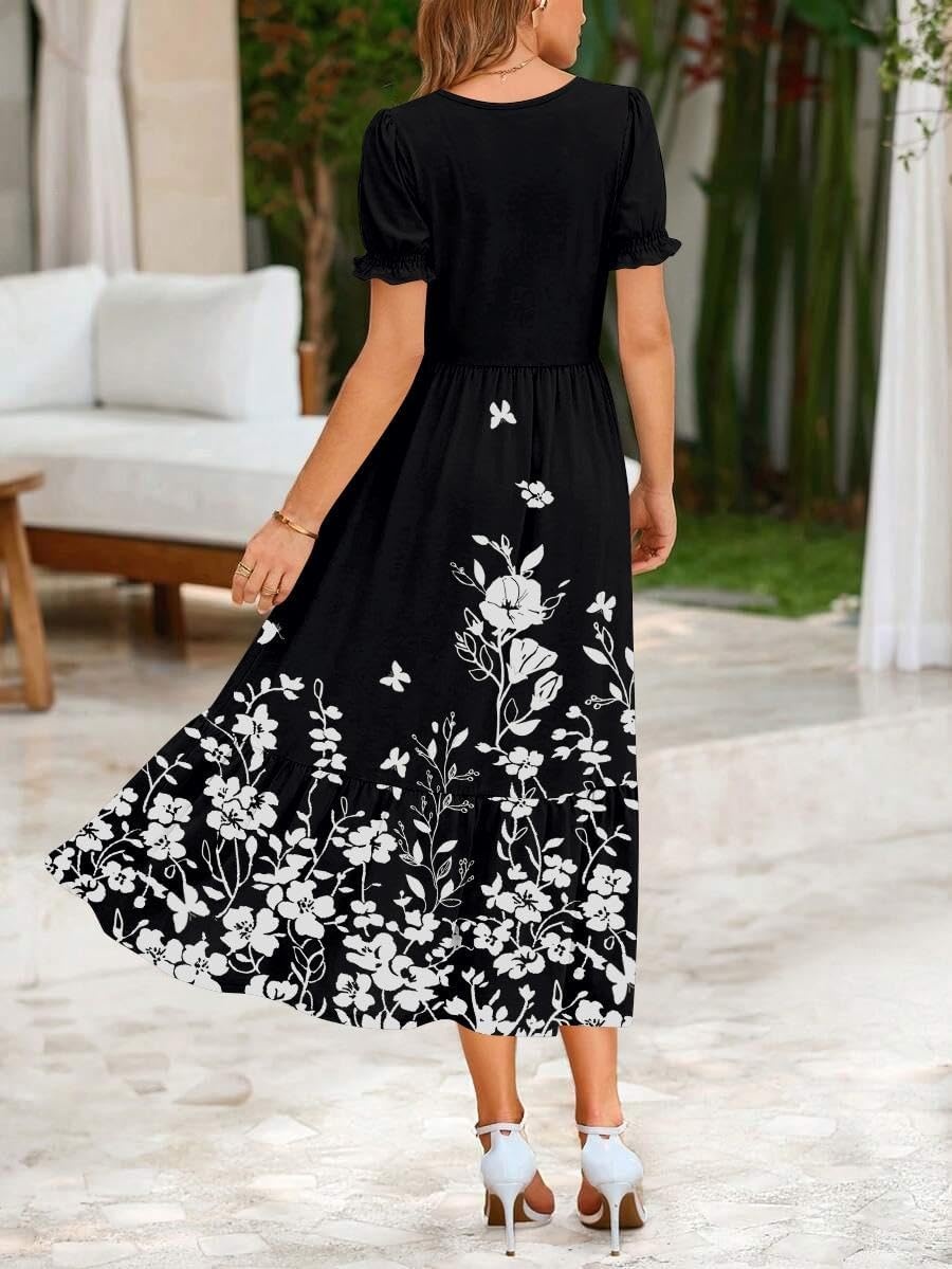 image:imageZeagoo Summer Dresses for Women Flowy Casual Midi Dress Short Sleeve Tiered Dress Beach Vacation Sundresses with PocketsBlack White Floral
