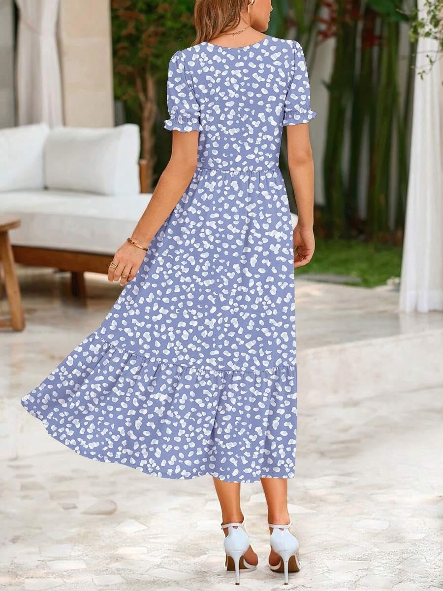 image:imageZeagoo Summer Dresses for Women Flowy Casual Midi Dress Short Sleeve Tiered Dress Beach Vacation Sundresses with PocketsBlue Dot