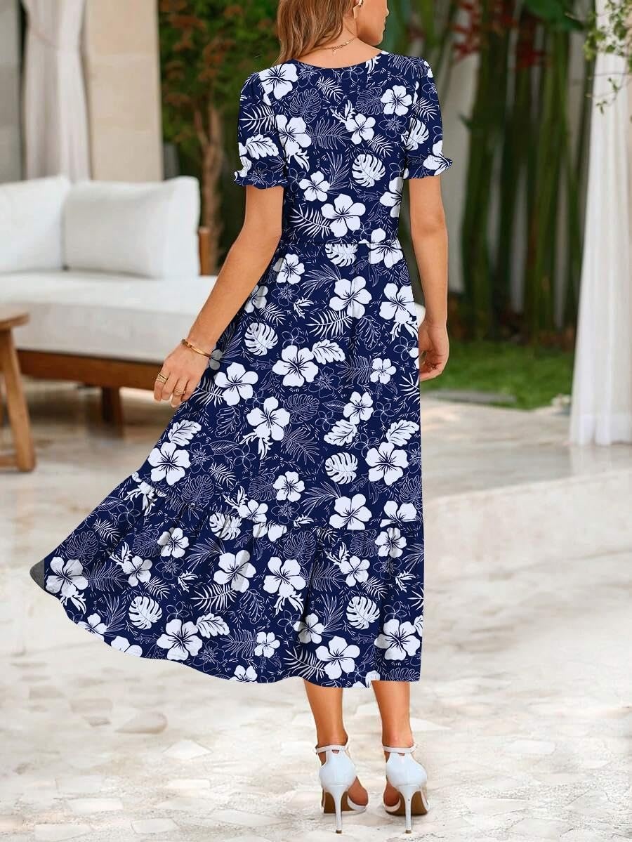 image:imageZeagoo Summer Dresses for Women Flowy Casual Midi Dress Short Sleeve Tiered Dress Beach Vacation Sundresses with PocketsFloralprinted