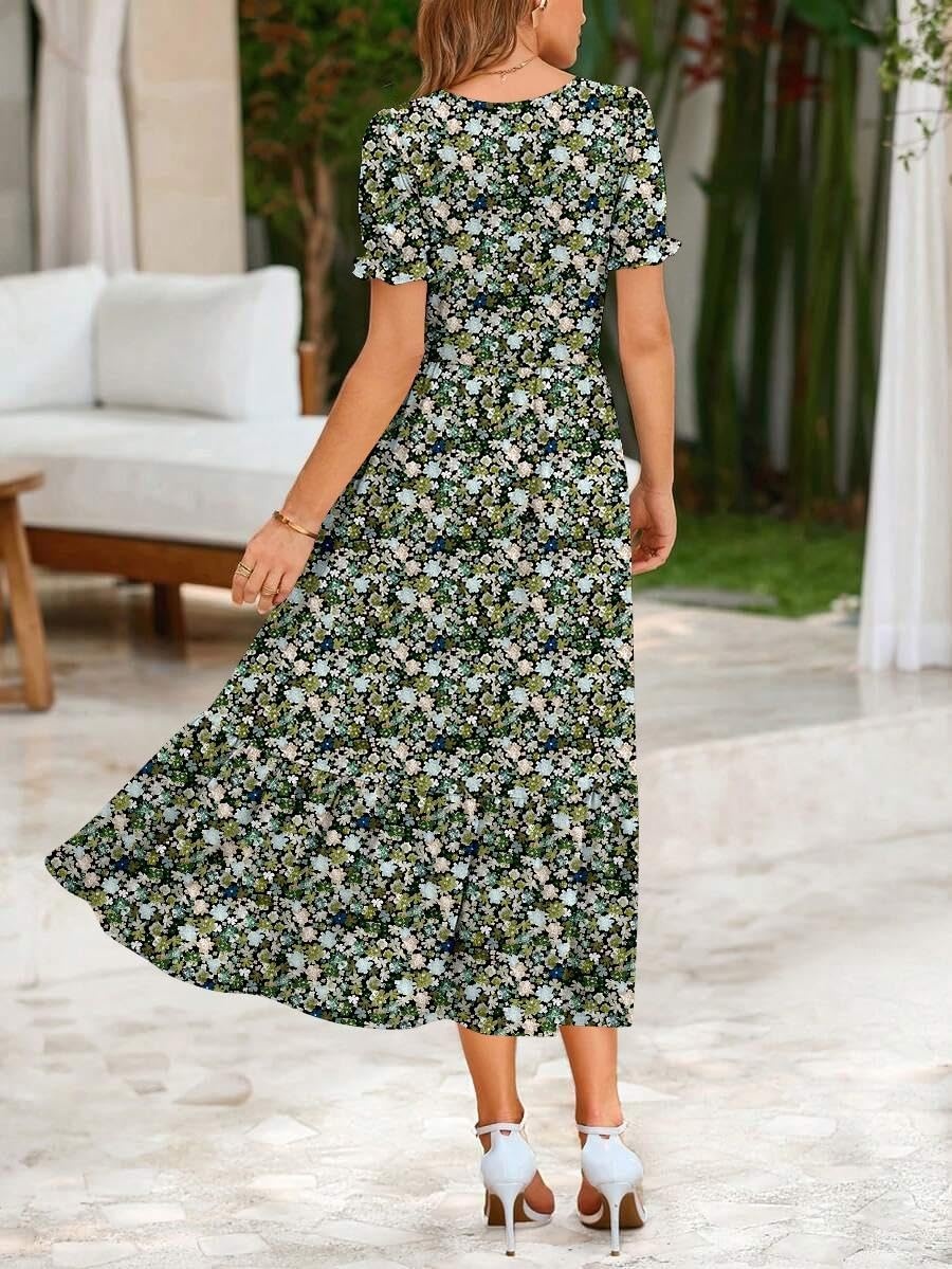 image:imageZeagoo Summer Dresses for Women Flowy Casual Midi Dress Short Sleeve Tiered Dress Beach Vacation Sundresses with PocketsGreenfloral