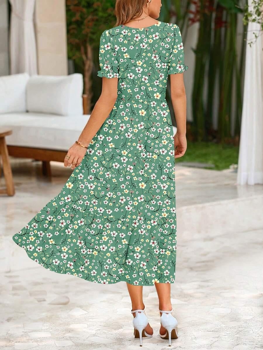 image:imageZeagoo Summer Dresses for Women Flowy Casual Midi Dress Short Sleeve Tiered Dress Beach Vacation Sundresses with PocketsGreenfloral1