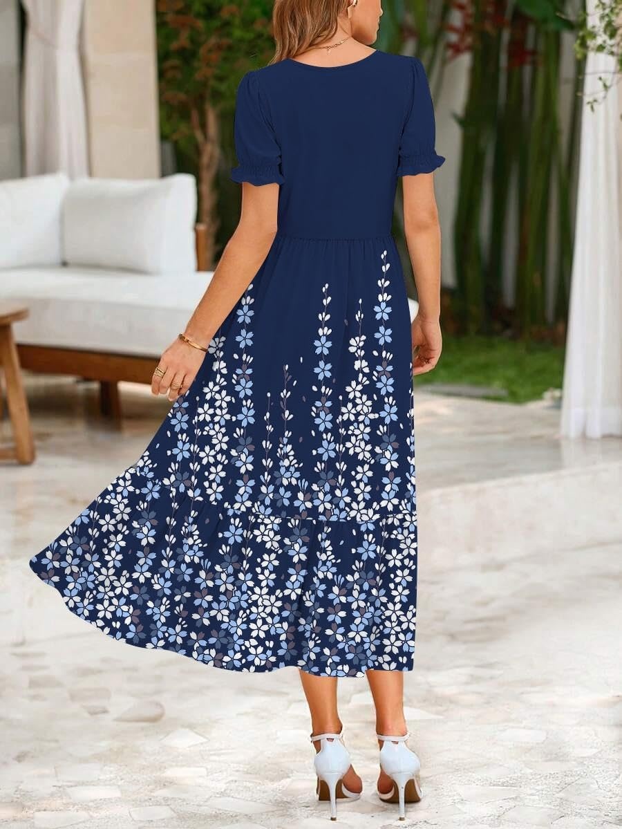 image:imageZeagoo Summer Dresses for Women Flowy Casual Midi Dress Short Sleeve Tiered Dress Beach Vacation Sundresses with PocketsNavy Blue Floral