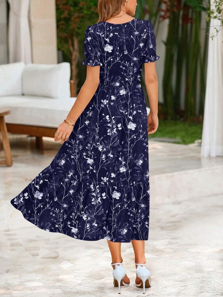 image:imageZeagoo Summer Dresses for Women Flowy Casual Midi Dress Short Sleeve Tiered Dress Beach Vacation Sundresses with PocketsNavy Blueprinted