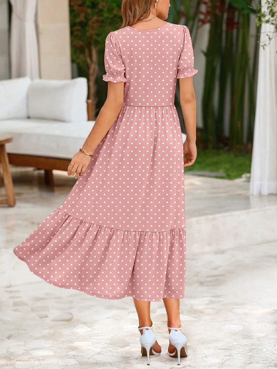 image:imageZeagoo Summer Dresses for Women Flowy Casual Midi Dress Short Sleeve Tiered Dress Beach Vacation Sundresses with PocketsPink Dot