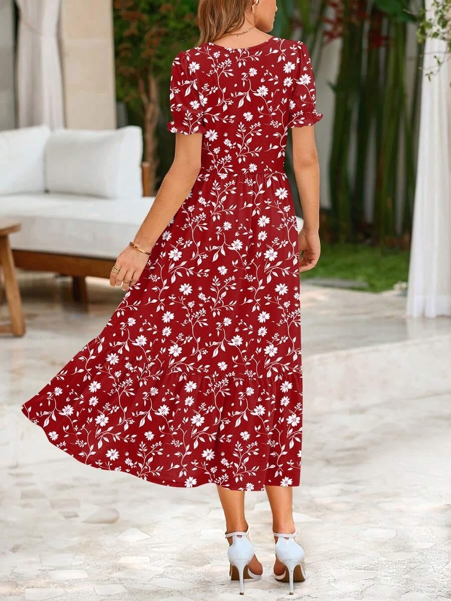 image:imageZeagoo Summer Dresses for Women Flowy Casual Midi Dress Short Sleeve Tiered Dress Beach Vacation Sundresses with PocketsRedfloral