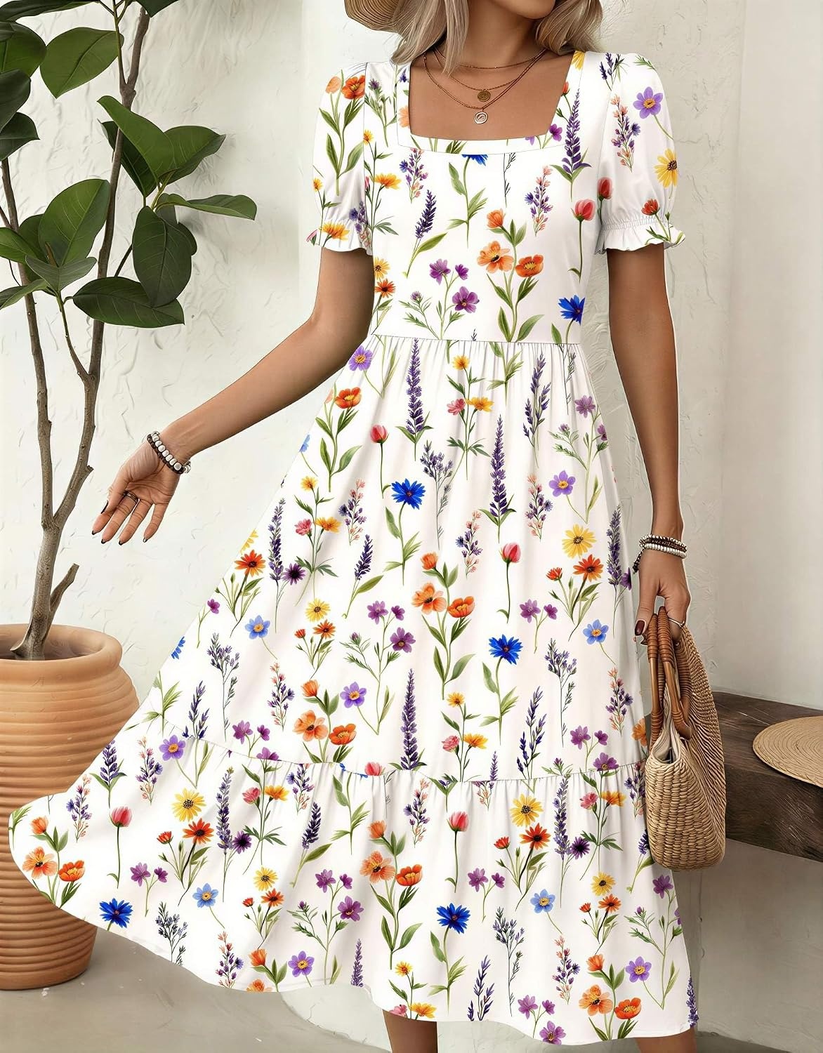 image:imageZeagoo Summer Dresses for Women Flowy Casual Midi Dress Short Sleeve Tiered Dress Beach Vacation Sundresses with PocketsWf109