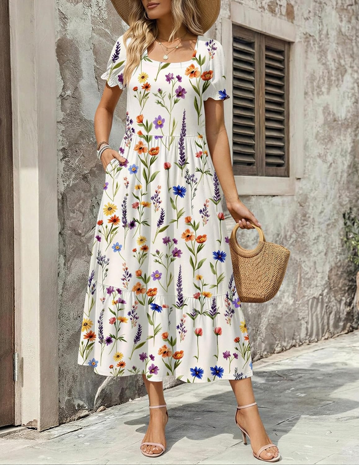 image:imageZeagoo Summer Dresses for Women Flowy Casual Midi Dress Short Sleeve Tiered Dress Beach Vacation Sundresses with PocketsWf109