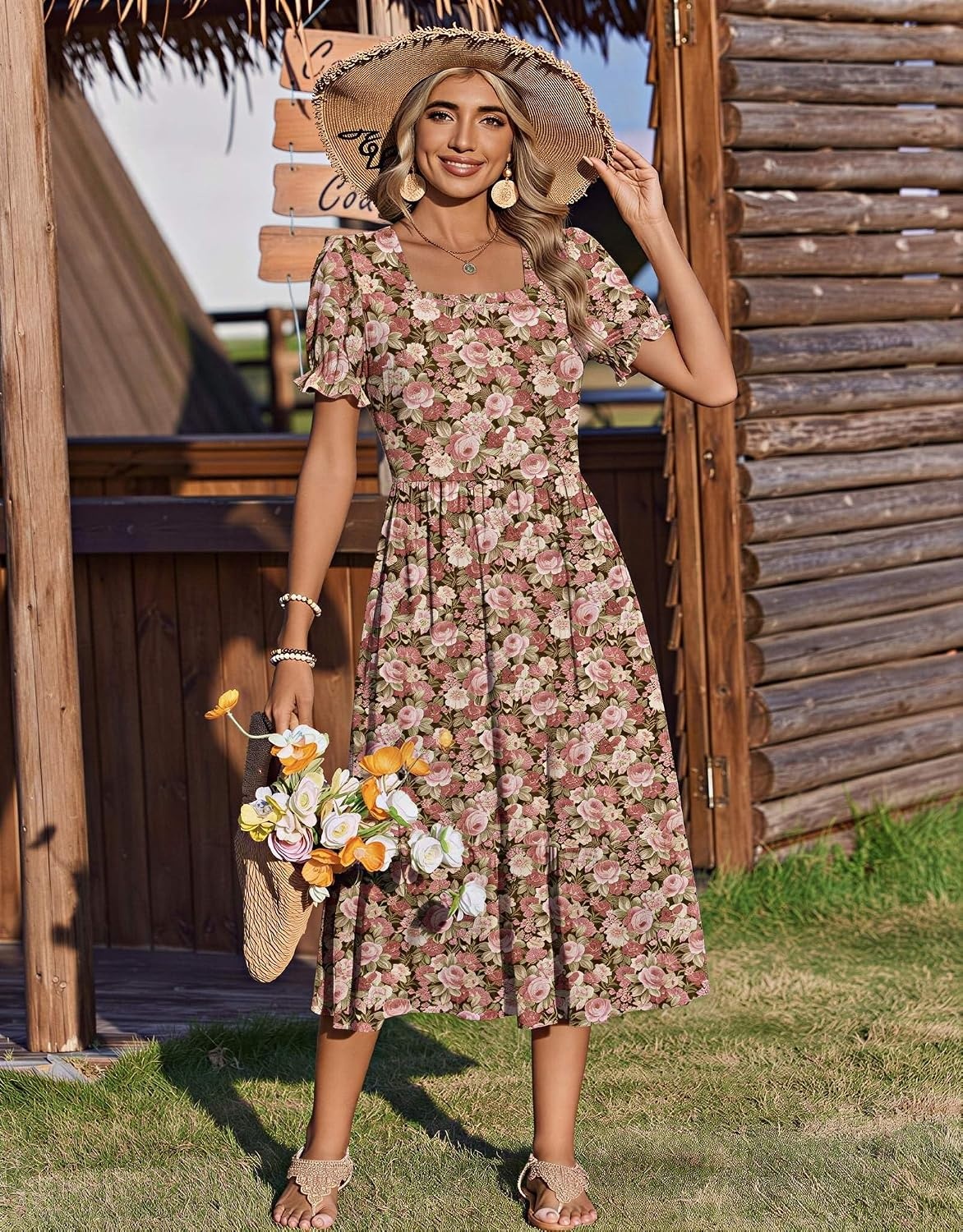 image:imageZeagoo Summer Dresses for Women Flowy Casual Midi Dress Short Sleeve Tiered Dress Beach Vacation Sundresses with PocketsWf87
