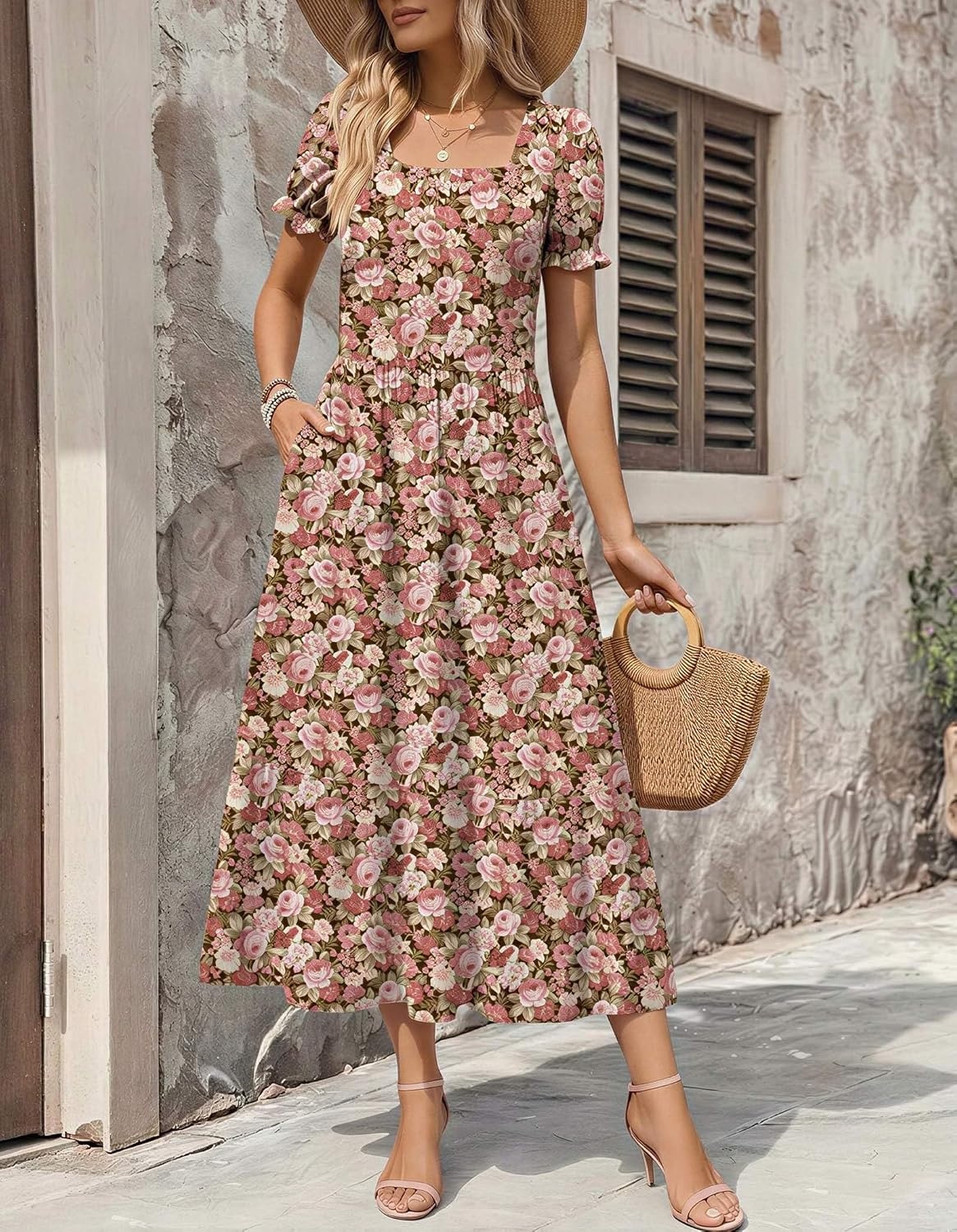 image:imageZeagoo Summer Dresses for Women Flowy Casual Midi Dress Short Sleeve Tiered Dress Beach Vacation Sundresses with PocketsWf87