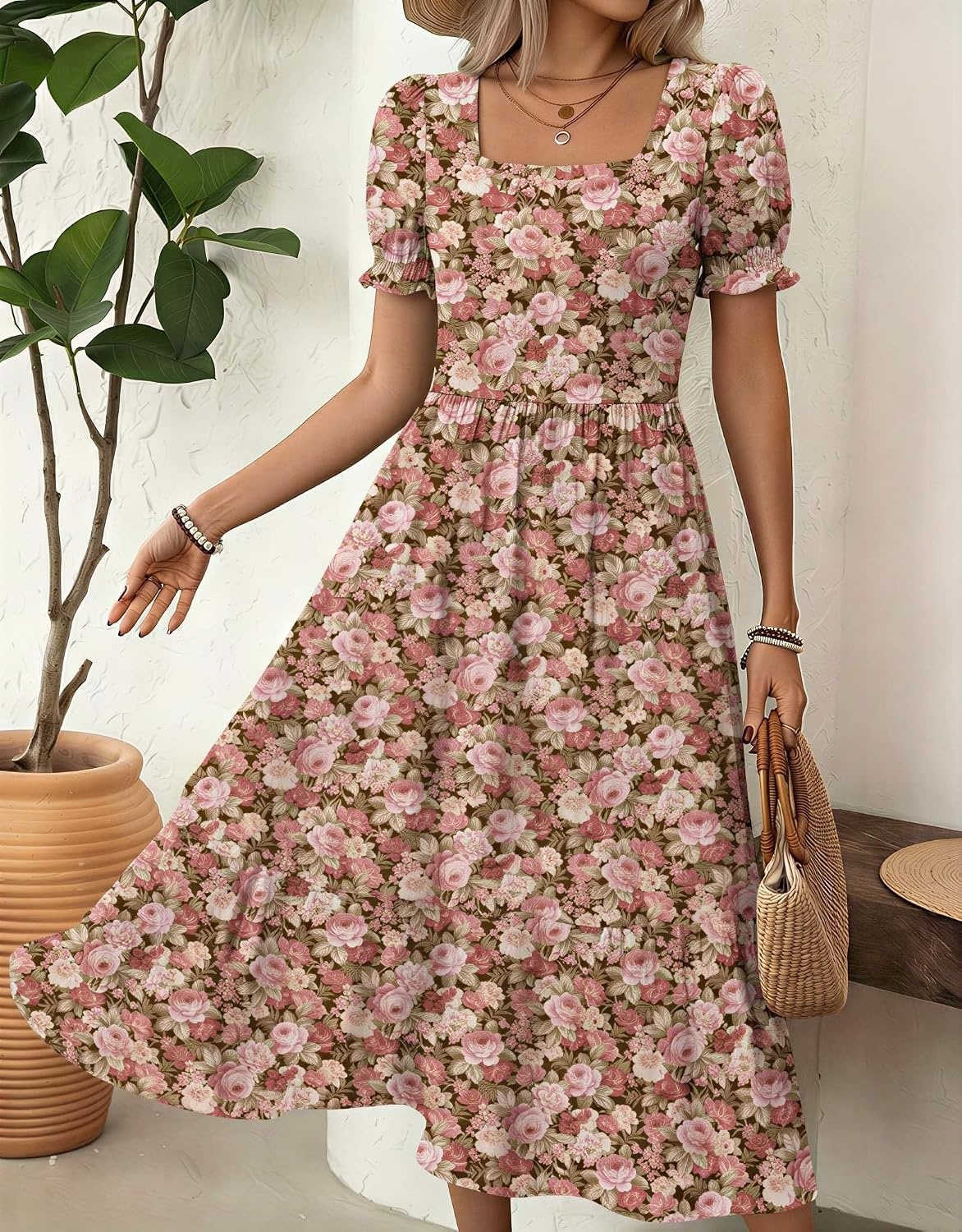 image:imageZeagoo Summer Dresses for Women Flowy Casual Midi Dress Short Sleeve Tiered Dress Beach Vacation Sundresses with PocketsWf87