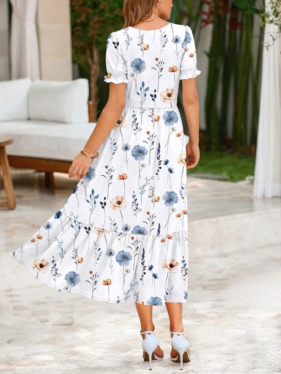image:imageZeagoo Summer Dresses for Women Flowy Casual Midi Dress Short Sleeve Tiered Dress Beach Vacation Sundresses with PocketsWhite Floral