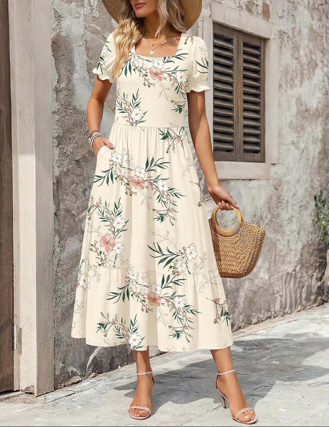 image:imageZeagoo Summer Dresses for Women Flowy Casual Midi Dress Short Sleeve Tiered Dress Beach Vacation Sundresses with PocketsWhiteleaf