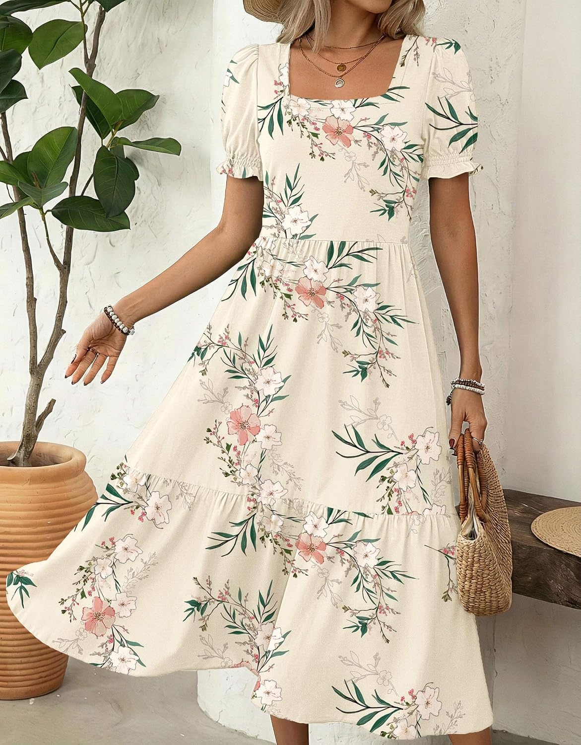 image:imageZeagoo Summer Dresses for Women Flowy Casual Midi Dress Short Sleeve Tiered Dress Beach Vacation Sundresses with PocketsWhiteleaf