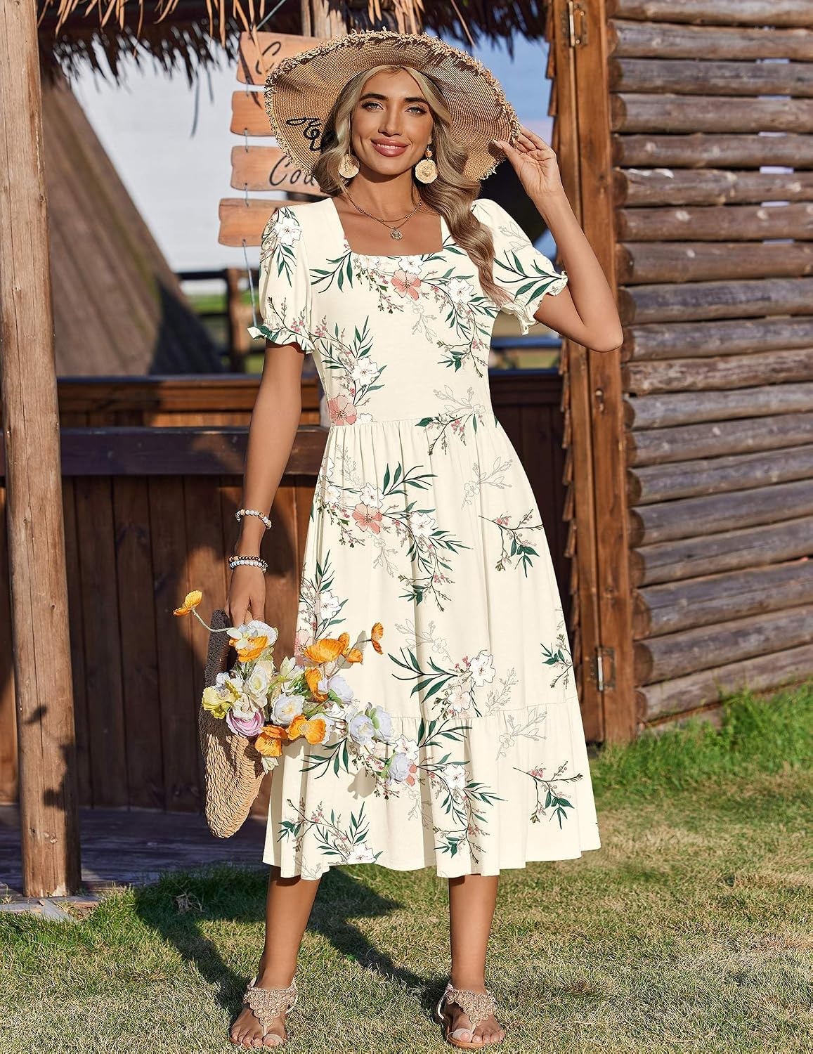 image:imageZeagoo Summer Dresses for Women Flowy Casual Midi Dress Short Sleeve Tiered Dress Beach Vacation Sundresses with PocketsWhiteleaf