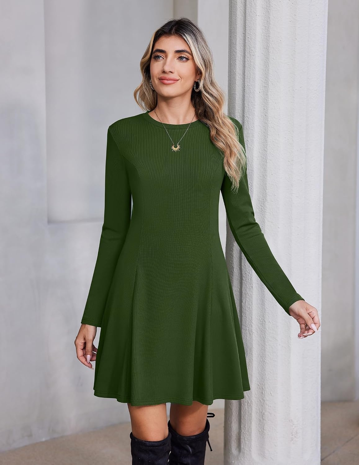 image:imageZeagoo Sweater Dress for Women Fall 2026 Long Sleeve Crew Neck Ribbed Knit Fit and Flare ALine DressesArmy Green
