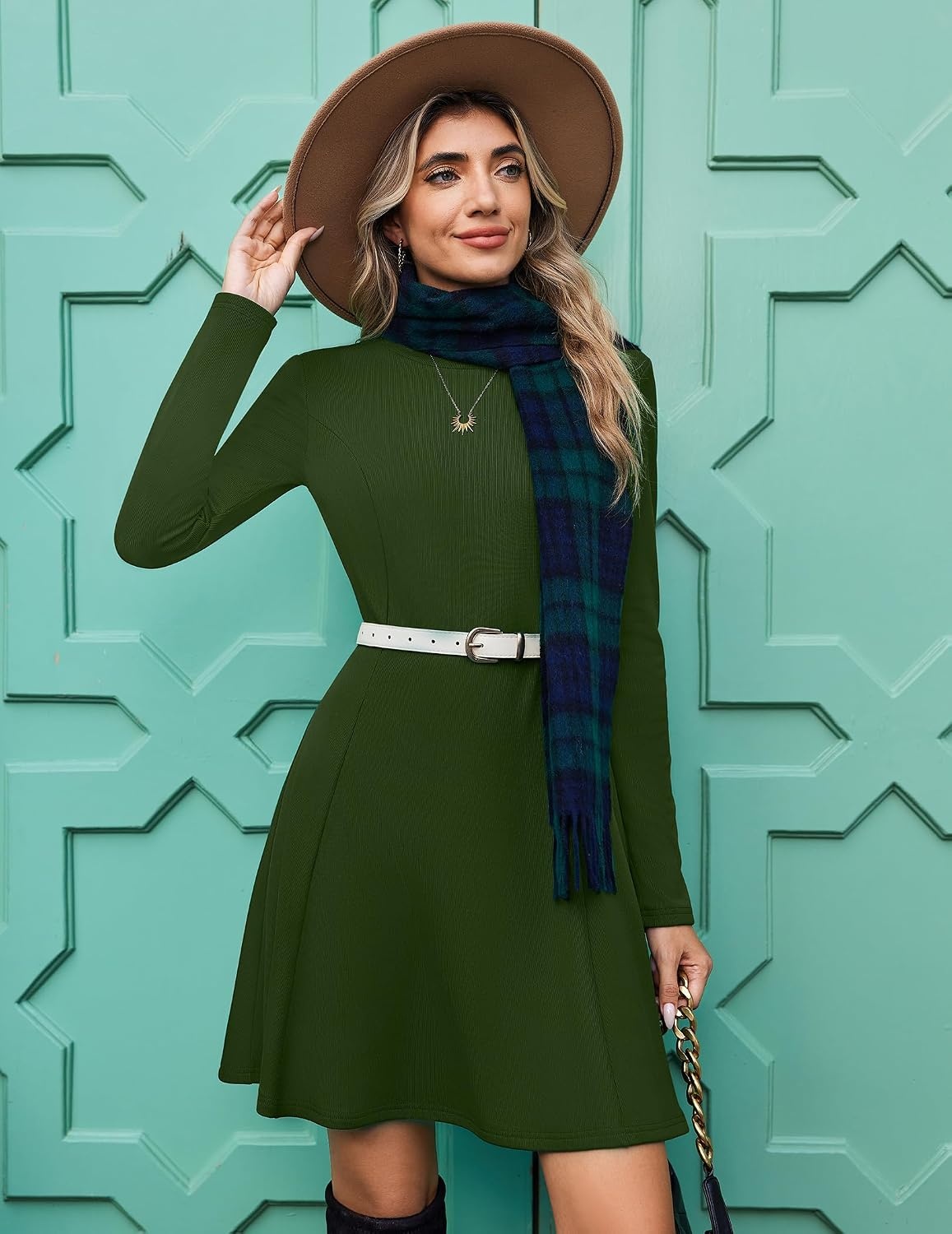 image:imageZeagoo Sweater Dress for Women Fall 2026 Long Sleeve Crew Neck Ribbed Knit Fit and Flare ALine DressesArmy Green
