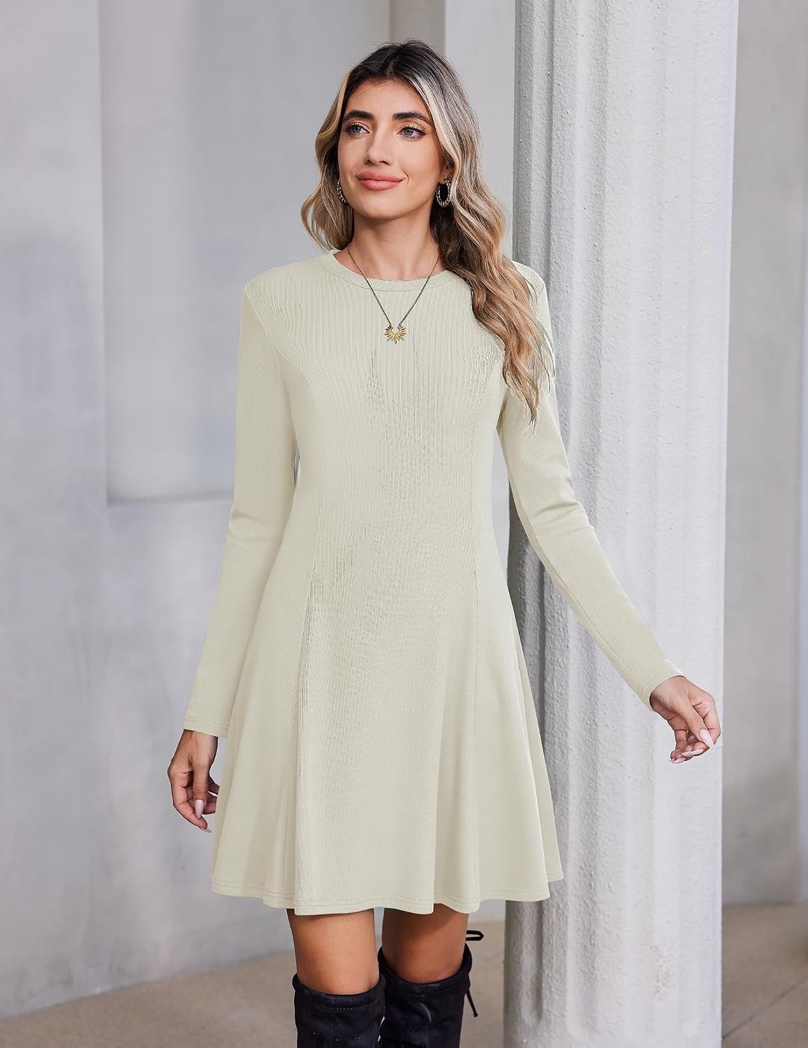 image:imageZeagoo Sweater Dress for Women Fall 2026 Long Sleeve Crew Neck Ribbed Knit Fit and Flare ALine DressesBeige