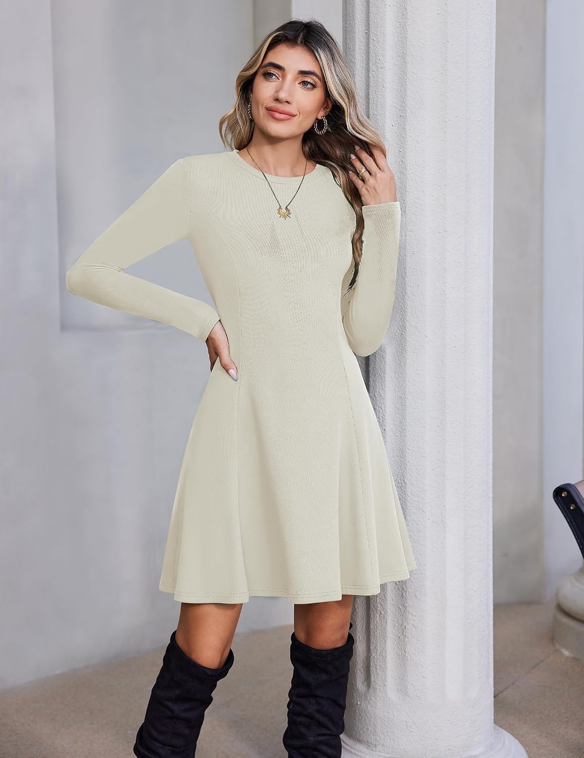 image:imageZeagoo Sweater Dress for Women Fall 2026 Long Sleeve Crew Neck Ribbed Knit Fit and Flare ALine DressesBeige