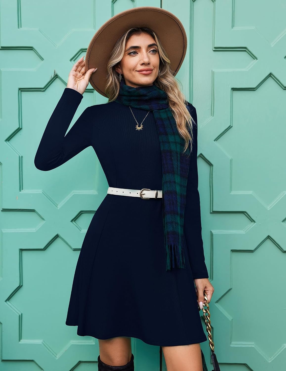image:imageZeagoo Sweater Dress for Women Fall 2026 Long Sleeve Crew Neck Ribbed Knit Fit and Flare ALine DressesBlue