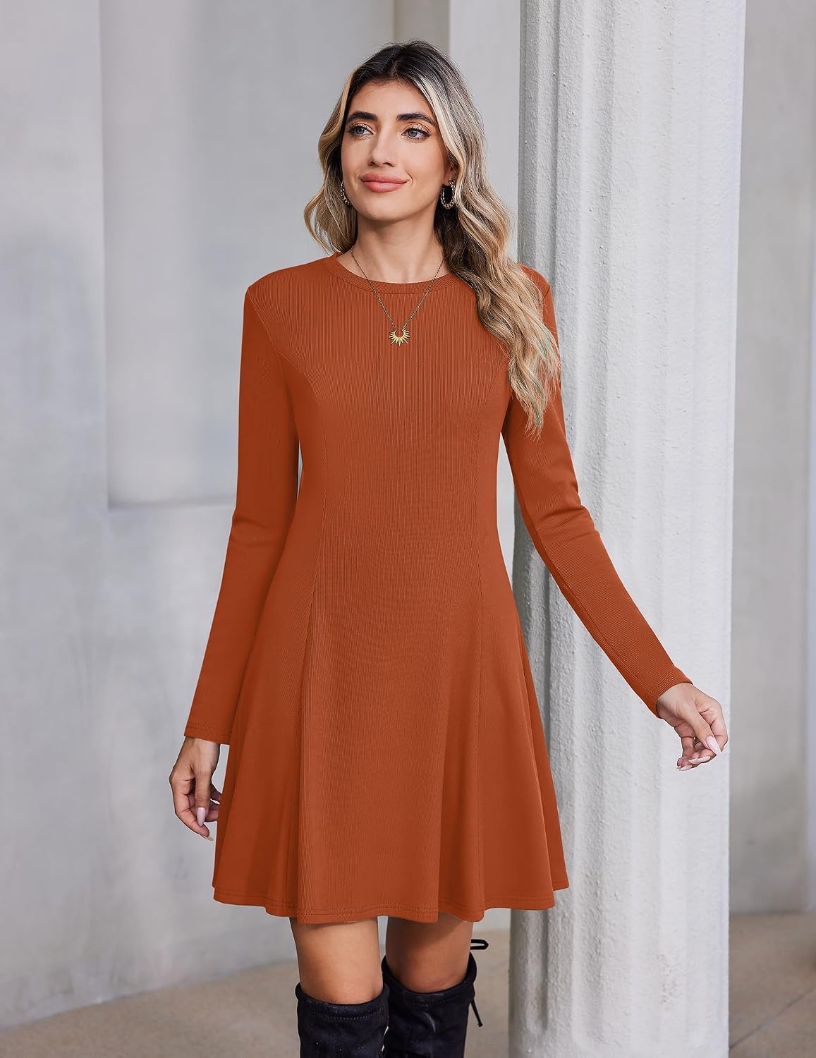 image:imageZeagoo Sweater Dress for Women Fall 2026 Long Sleeve Crew Neck Ribbed Knit Fit and Flare ALine DressesCaramel