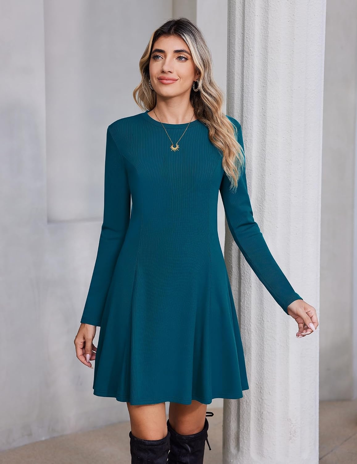 image:imageZeagoo Sweater Dress for Women Fall 2026 Long Sleeve Crew Neck Ribbed Knit Fit and Flare ALine DressesDeep Dark Blue