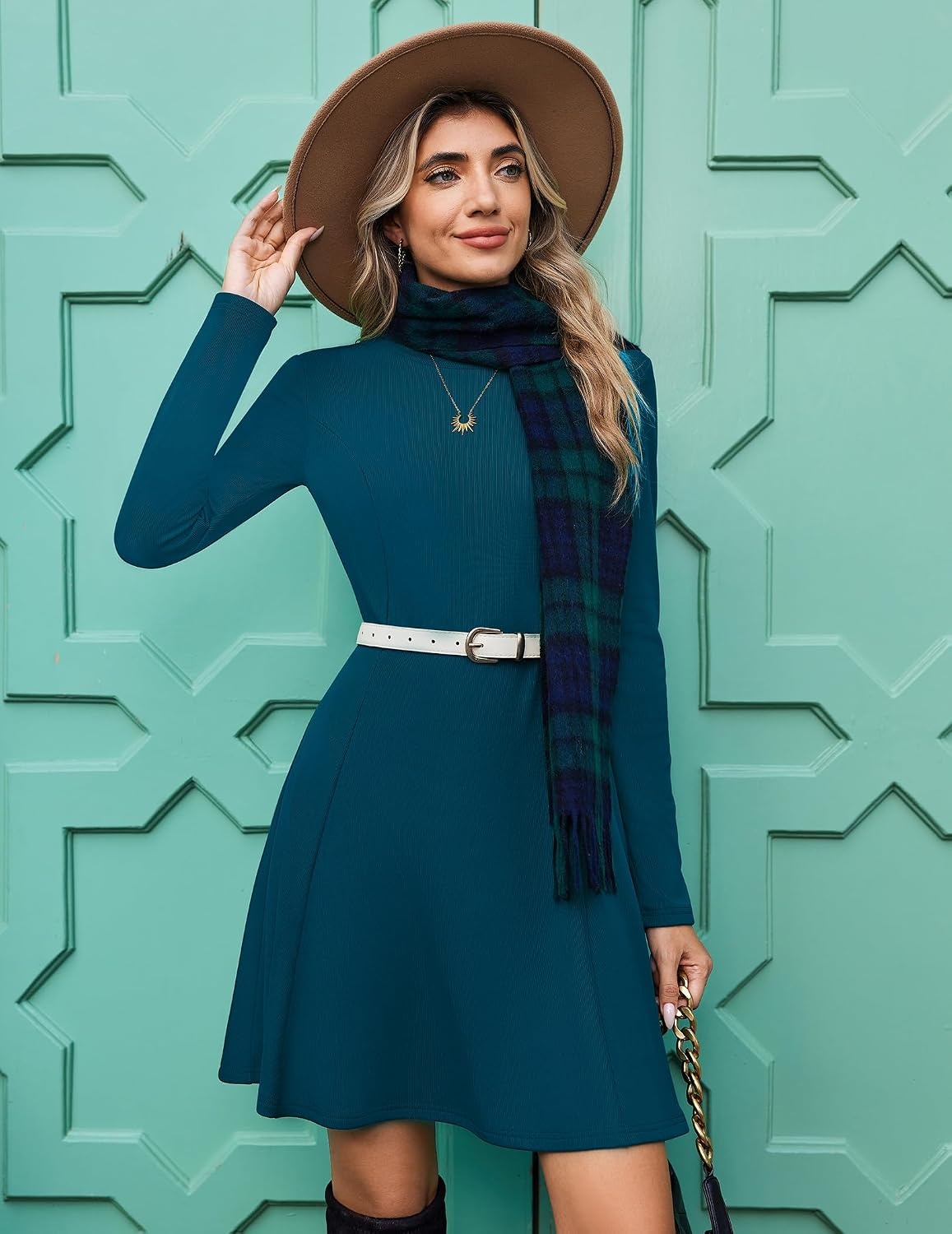 image:imageZeagoo Sweater Dress for Women Fall 2026 Long Sleeve Crew Neck Ribbed Knit Fit and Flare ALine DressesDeep Dark Blue