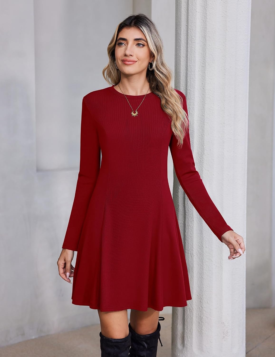 image:imageZeagoo Sweater Dress for Women Fall 2026 Long Sleeve Crew Neck Ribbed Knit Fit and Flare ALine DressesDeep Red