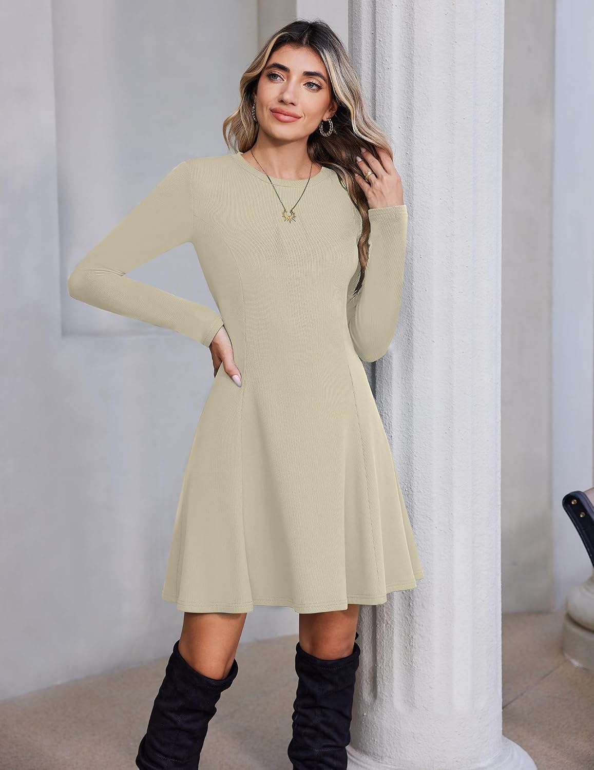 image:imageZeagoo Sweater Dress for Women Fall 2026 Long Sleeve Crew Neck Ribbed Knit Fit and Flare ALine DressesMoongrey