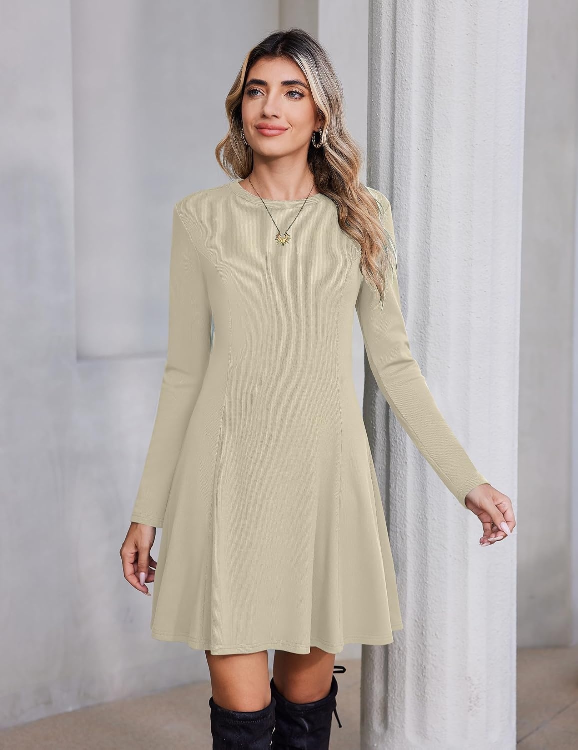 image:imageZeagoo Sweater Dress for Women Fall 2026 Long Sleeve Crew Neck Ribbed Knit Fit and Flare ALine DressesMoongrey