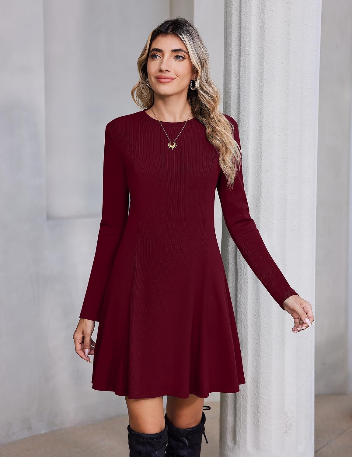 image:imageZeagoo Sweater Dress for Women Fall 2026 Long Sleeve Crew Neck Ribbed Knit Fit and Flare ALine DressesRed
