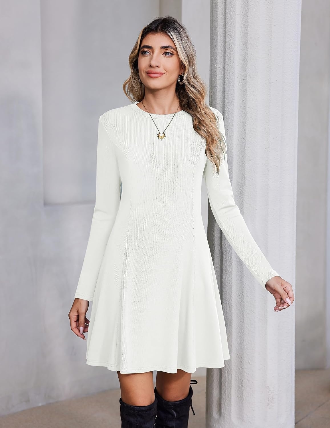 image:imageZeagoo Sweater Dress for Women Fall 2026 Long Sleeve Crew Neck Ribbed Knit Fit and Flare ALine DressesWhite