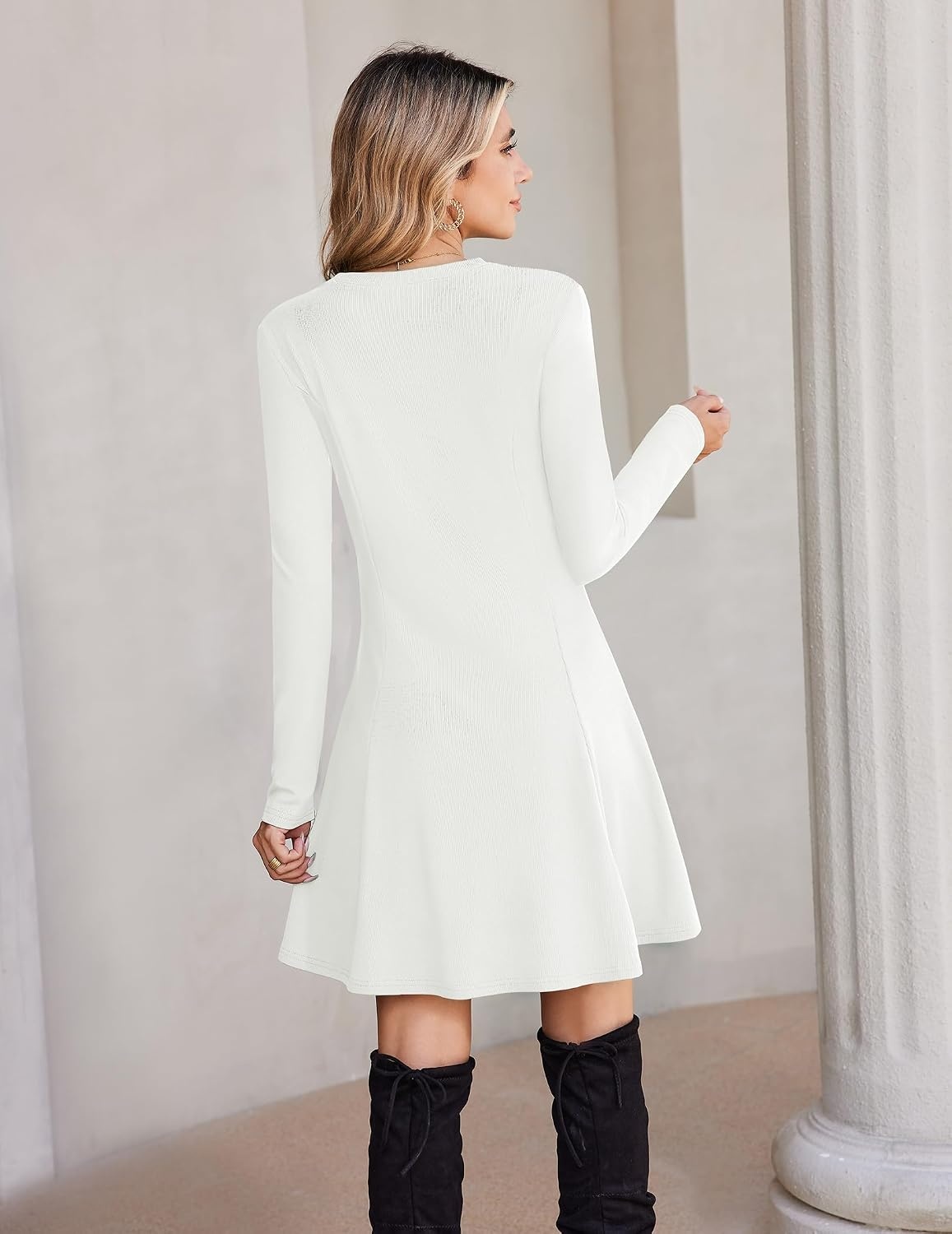 image:imageZeagoo Sweater Dress for Women Fall 2026 Long Sleeve Crew Neck Ribbed Knit Fit and Flare ALine DressesWhite