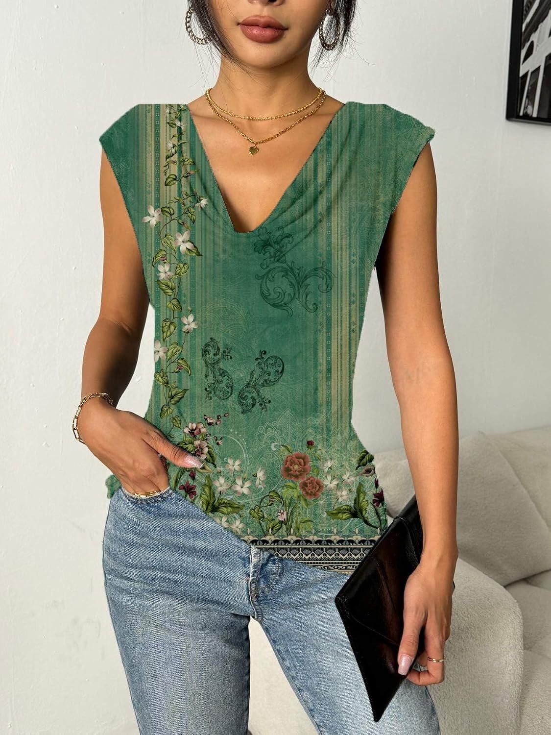 image:imageZeagoo Tank Top for Women Trendy Going Out Tops Sleeveless Shirts Ruched Business Casual Basic Tunic TopsArmy Green Floral