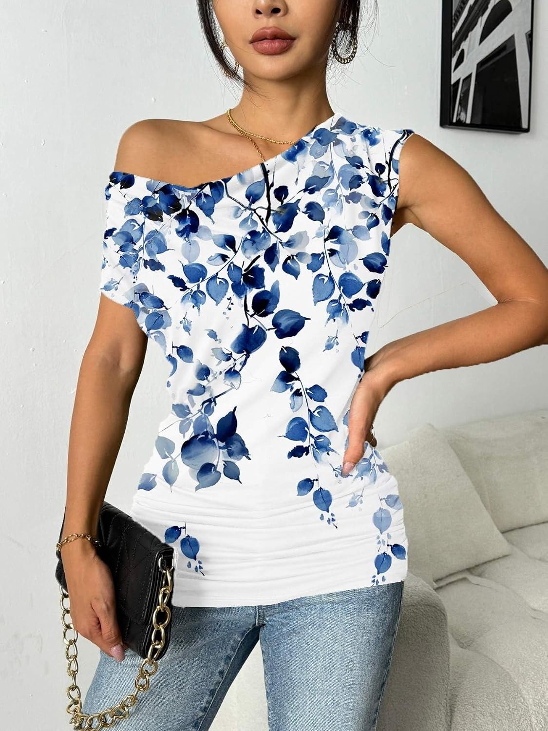 image:imageZeagoo Tank Top for Women Trendy Going Out Tops Sleeveless Shirts Ruched Business Casual Basic Tunic TopsBlue Leaf