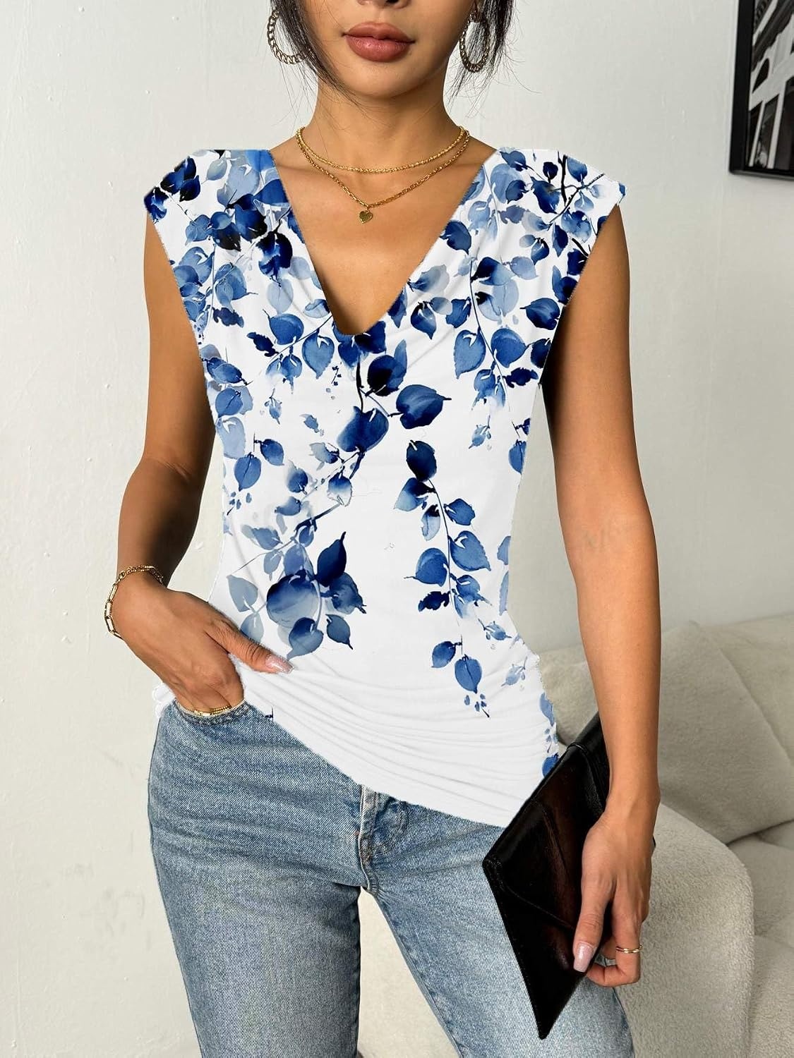 image:imageZeagoo Tank Top for Women Trendy Going Out Tops Sleeveless Shirts Ruched Business Casual Basic Tunic TopsBlue Leaf