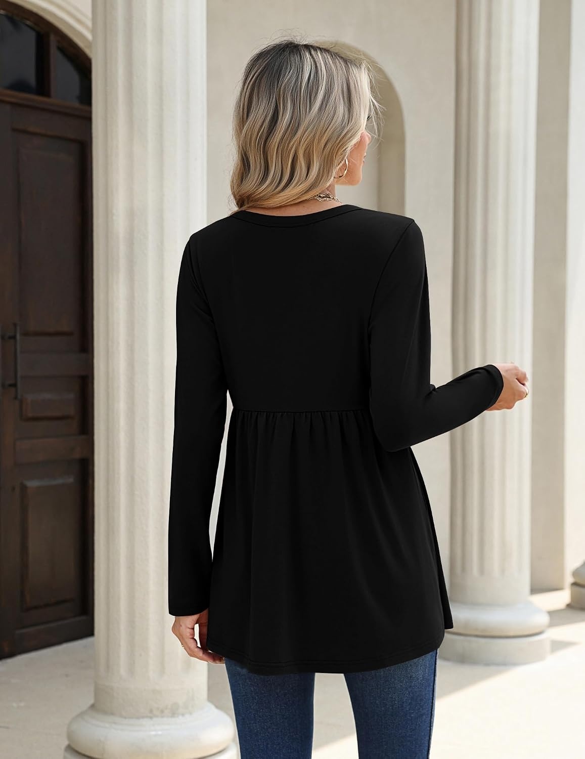 image:imageZeagoo Women Blouses Long Sleeve Top Boho Henley Vneck Pleated Fall TunicBlack