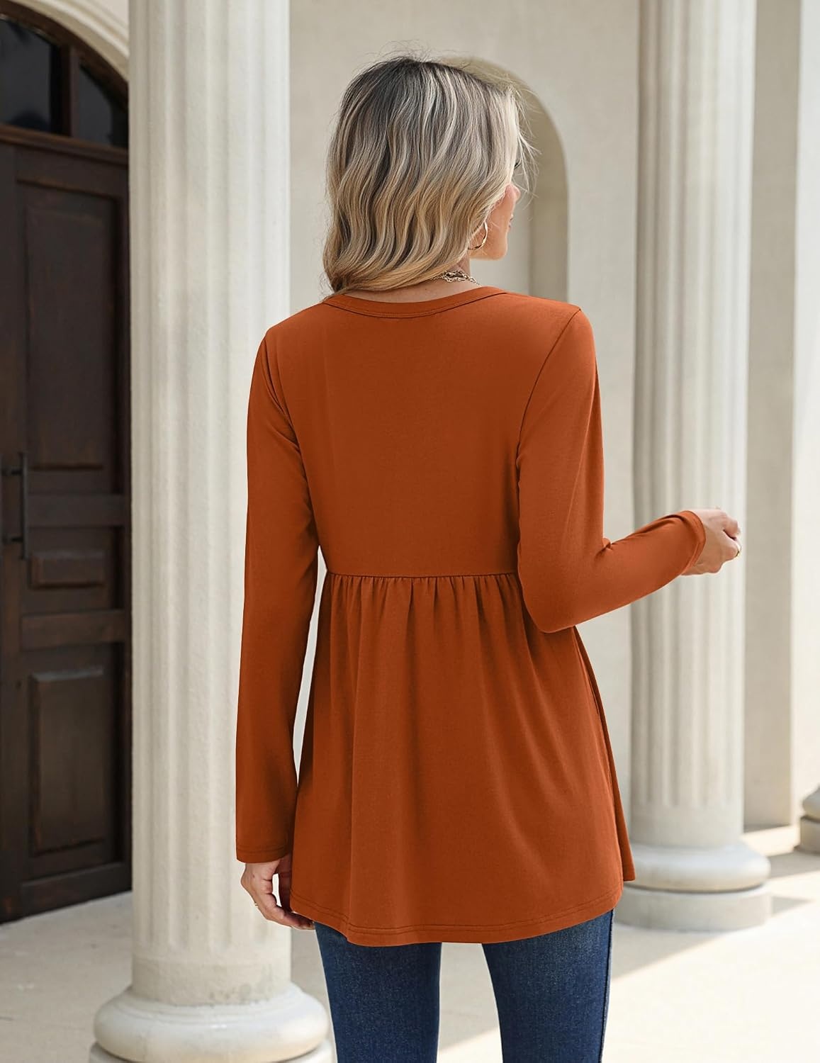 image:imageZeagoo Women Blouses Long Sleeve Top Boho Henley Vneck Pleated Fall TunicCaramel