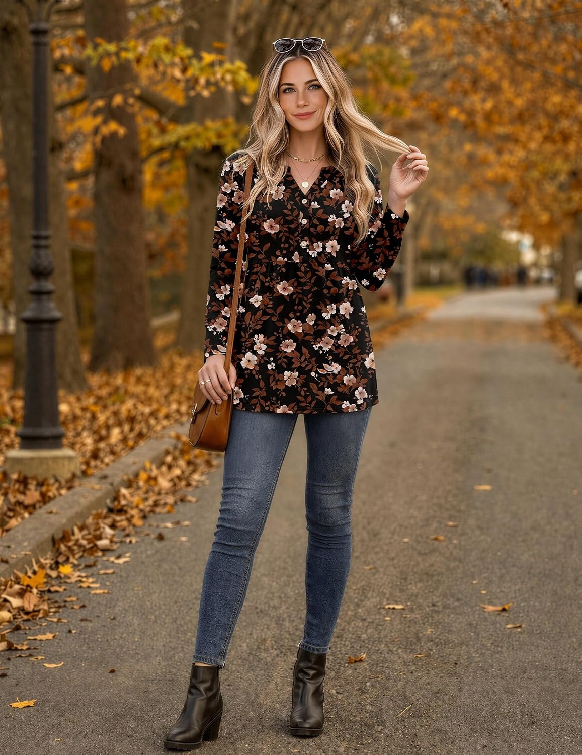 image:imageZeagoo Women Blouses Long Sleeve Top Boho Henley Vneck Pleated Fall TunicFlower Black