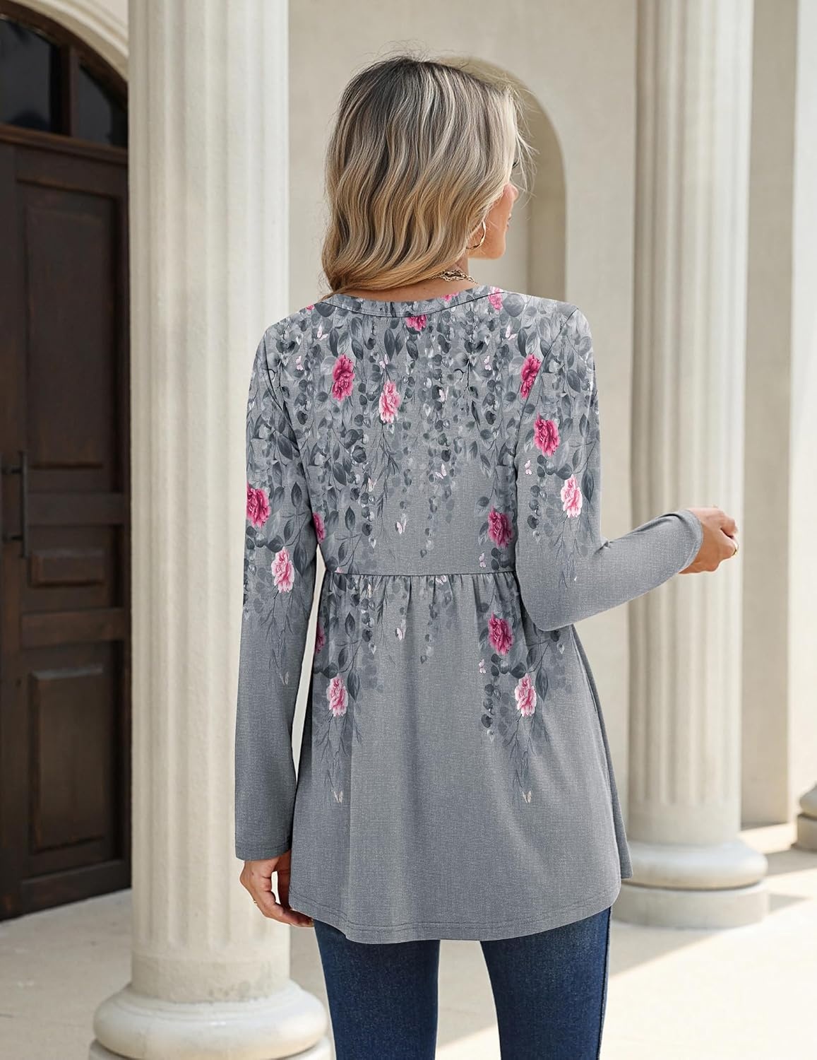 image:imageZeagoo Women Blouses Long Sleeve Top Boho Henley Vneck Pleated Fall TunicFlower Grey