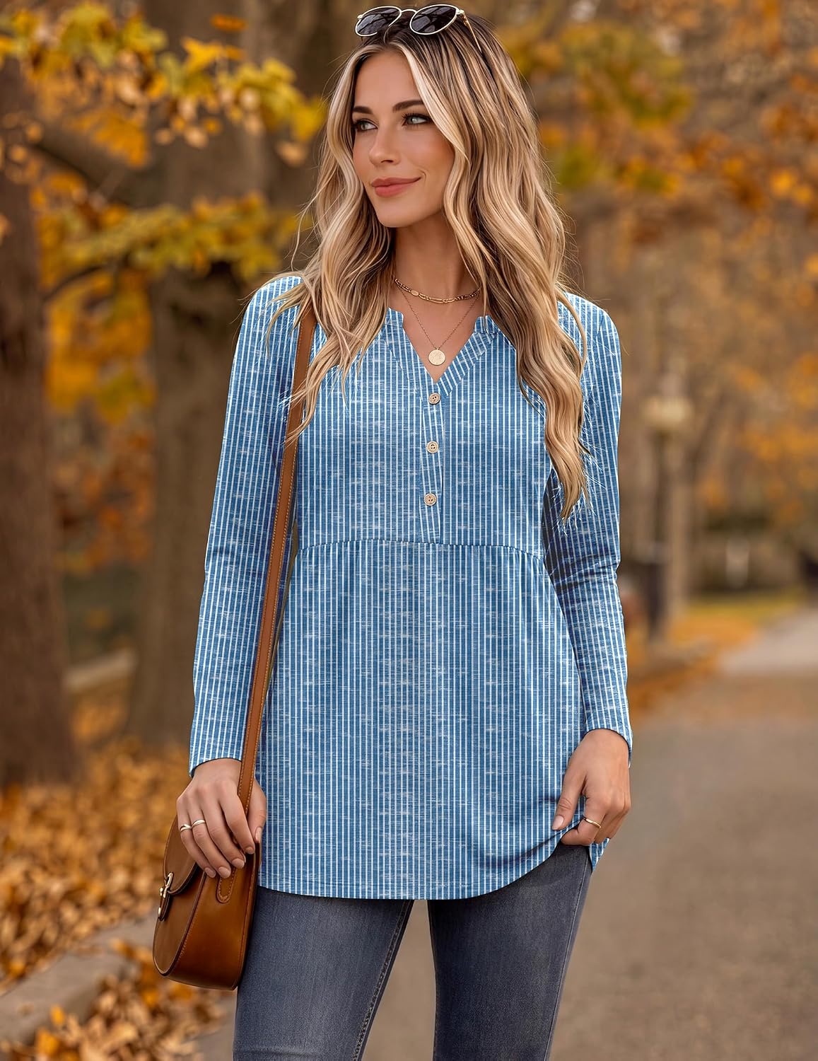 image:imageZeagoo Women Blouses Long Sleeve Top Boho Henley Vneck Pleated Fall TunicStriped Blue