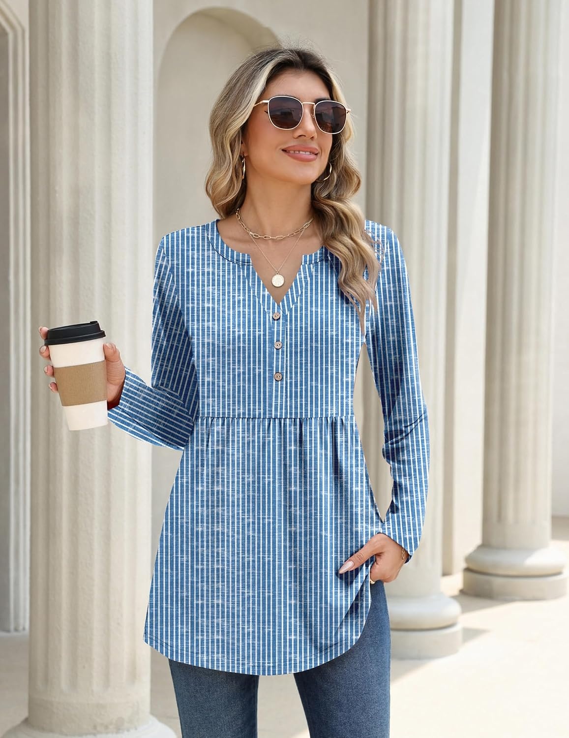 image:imageZeagoo Women Blouses Long Sleeve Top Boho Henley Vneck Pleated Fall TunicStriped Blue