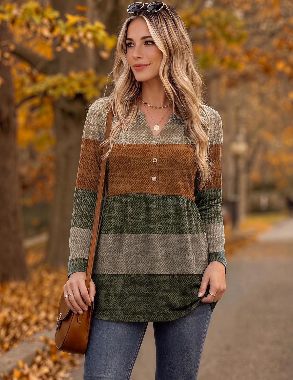 image:imageZeagoo Women Blouses Long Sleeve Top Boho Henley Vneck Pleated Fall TunicStripes 1