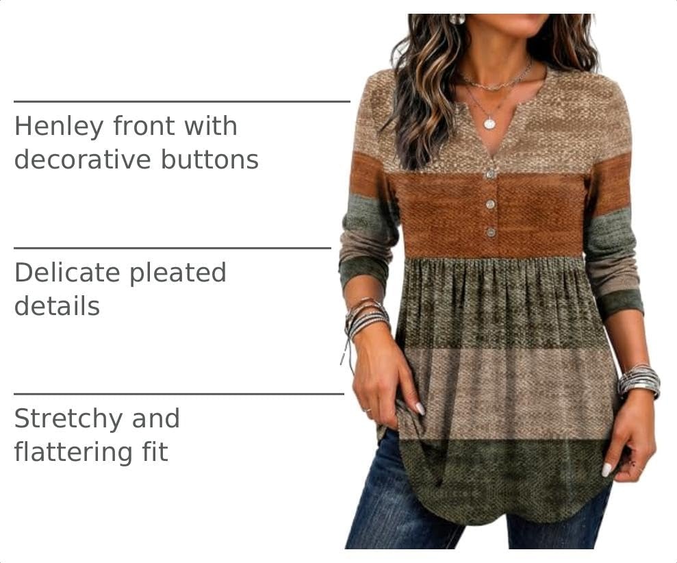image:imageZeagoo Women Blouses Long Sleeve Top Boho Henley Vneck Pleated Fall TunicStripes 1
