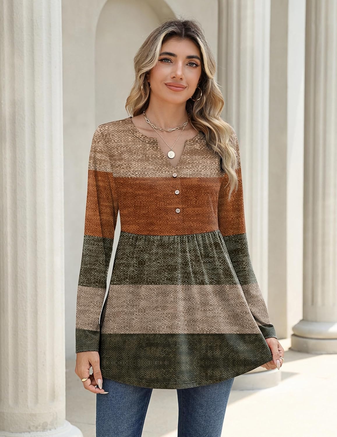 image:imageZeagoo Women Blouses Long Sleeve Top Boho Henley Vneck Pleated Fall TunicStripes 1