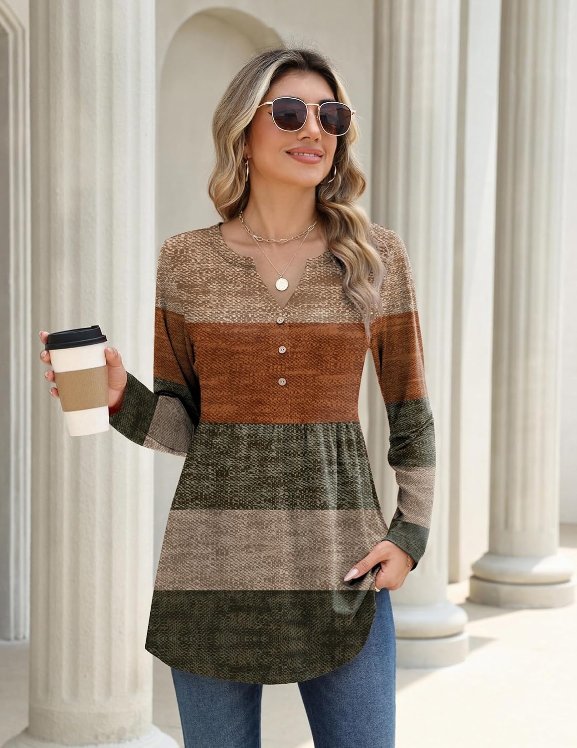 image:imageZeagoo Women Blouses Long Sleeve Top Boho Henley Vneck Pleated Fall TunicStripes 1